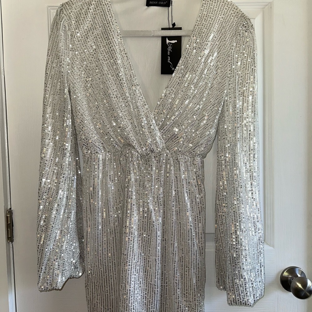 Silver Sequin Long Sleeve Dress